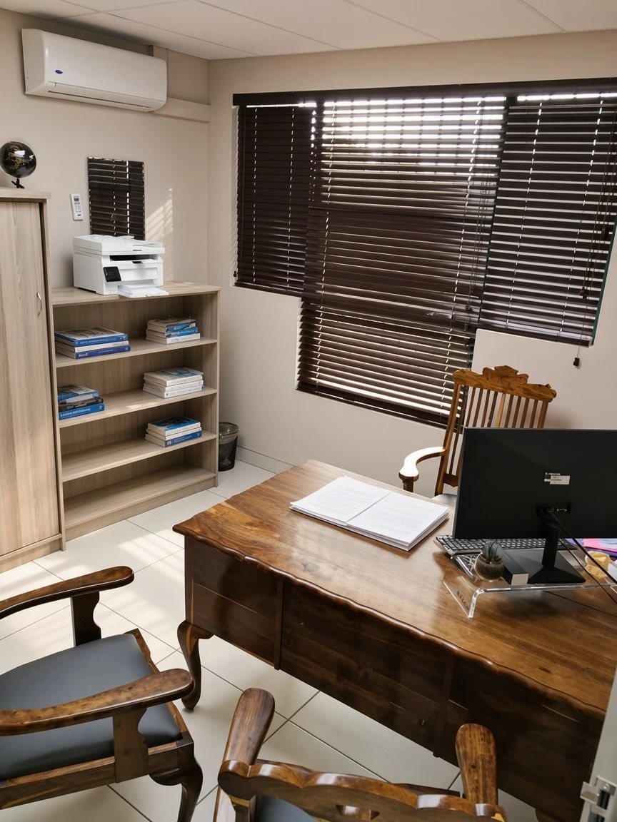 Consulting room with desk and bookshelf