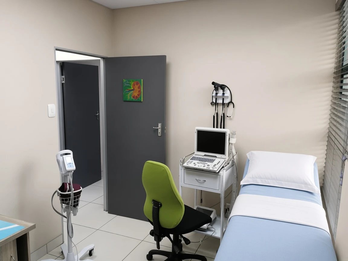 Procedure room with ultrasound machine and examination bed